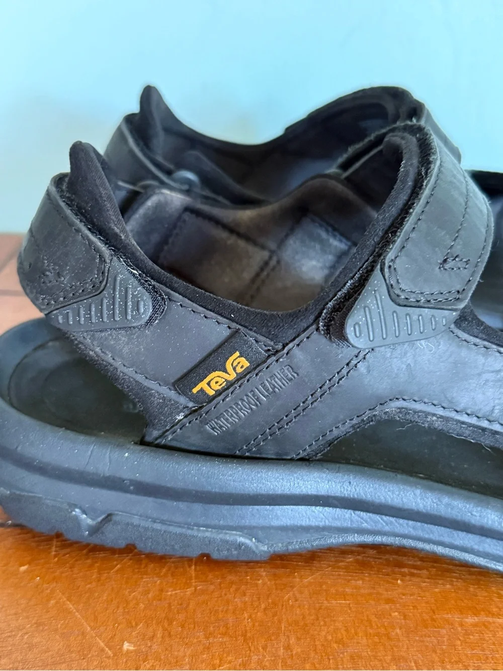 Teva Mens Black Waterproof Leather Langdon Hook & Loop Sandals Size 13